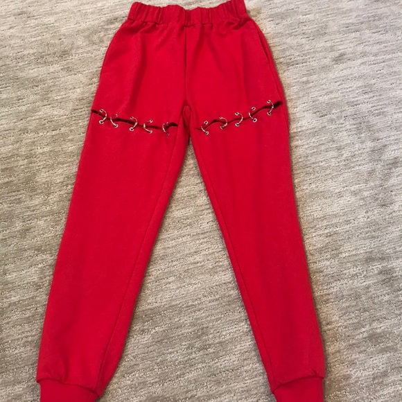 Rehab Pants - custom red sweats with silver hoops
